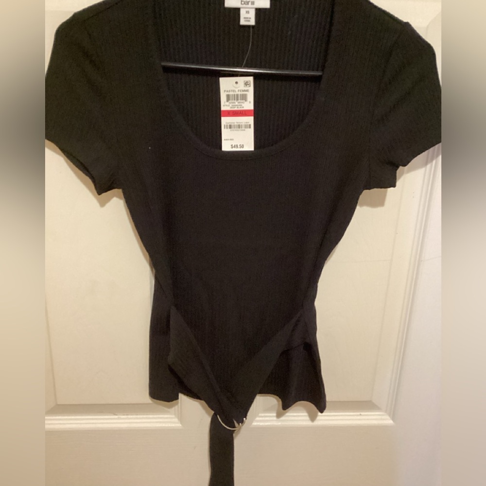 Bar 111 black short sleeve belted top, XS, Ribbed material